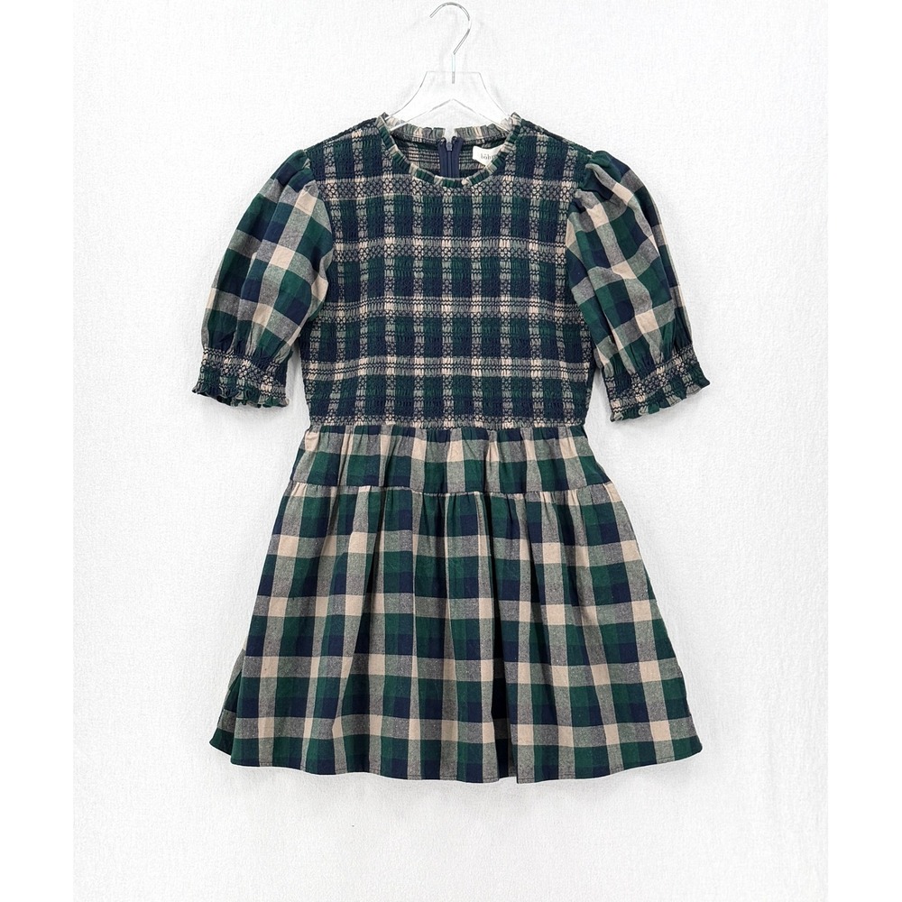 BOHME Emmett Plaid Mini Dress Women Medium Navy Green Smocked Puff Sleeve Tiered - Picture 4 of 16